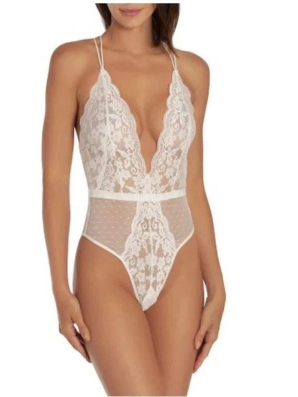 In BLOOM BY JONQUIL Plunge Neck Lace Thong Teddy White NWT M Medium Lingerie